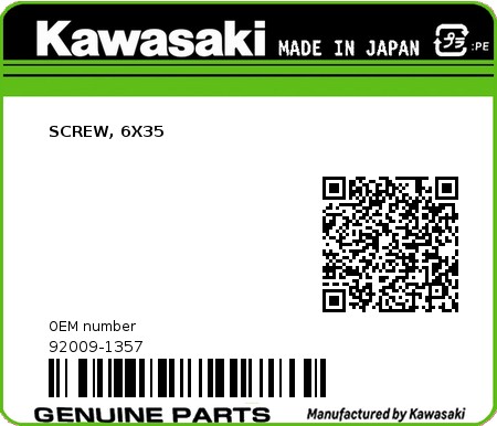 Product image: Kawasaki - 92009-1357 - SCREW, 6X35  0