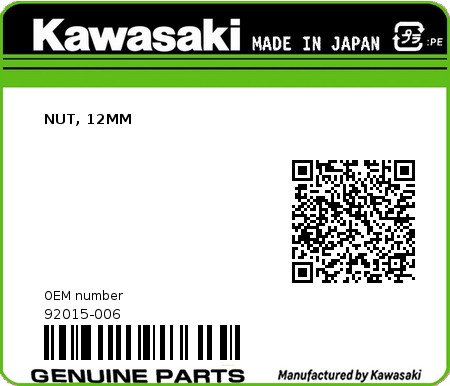 Product image: Kawasaki - 92015-006 - NUT, 12MM  0