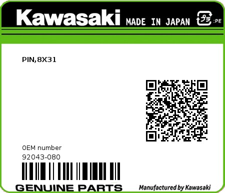 Product image: Kawasaki - 92043-080 - PIN,8X31  0