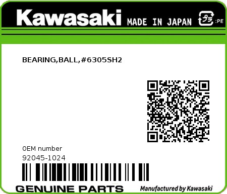 Product image: Kawasaki - 92045-1024 - BEARING,BALL,#6305SH2  0