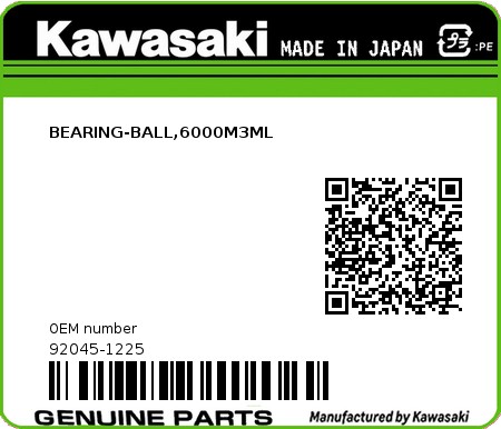 Product image: Kawasaki - 92045-1225 - BEARING-BALL,6000M3ML  0