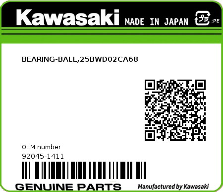Product image: Kawasaki - 92045-1411 - BEARING-BALL,25BWD02CA68  0