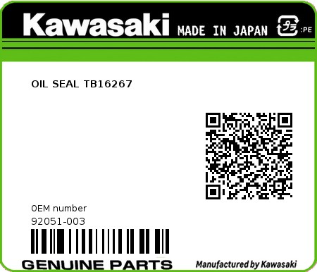 Product image: Kawasaki - 92051-003 - OIL SEAL TB16267  0