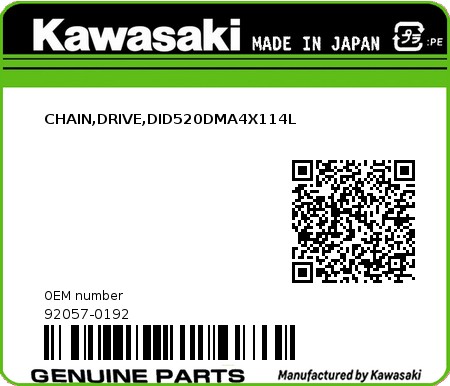 Product image: Kawasaki - 92057-0192 - CHAIN,DRIVE,DID520DMA4X114L  0
