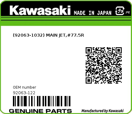 Product image: Kawasaki - 92063-122 - (92063-1032) MAIN JET,#77.5R  0