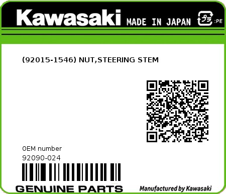 Product image: Kawasaki - 92090-024 - (92015-1546) NUT,STEERING STEM  0