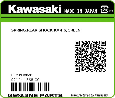 Product image: Kawasaki - 92144-1368-CC - SPRING,REAR SHOCK,K=4.6,GREEN  0
