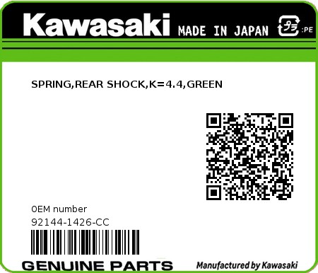 Product image: Kawasaki - 92144-1426-CC - SPRING,REAR SHOCK,K=4.4,GREEN  0