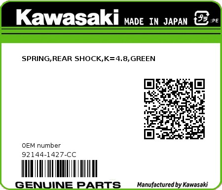Product image: Kawasaki - 92144-1427-CC - SPRING,REAR SHOCK,K=4.8,GREEN  0