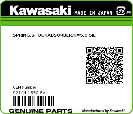 Product image: Kawasaki - 92144-1830-8V - SPRING,SHOCKABSORBER,K=5.0,SIL  0