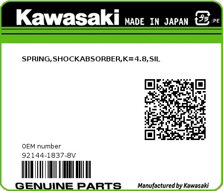 Product image: Kawasaki - 92144-1837-8V - SPRING,SHOCKABSORBER,K=4.8,SIL  0