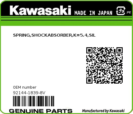 Product image: Kawasaki - 92144-1839-8V - SPRING,SHOCKABSORBER,K=5.4,SIL  0