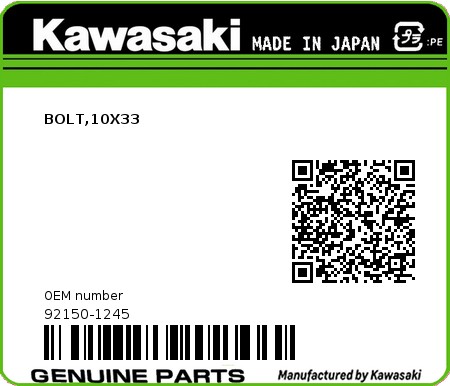 Product image: Kawasaki - 92150-1245 - BOLT,10X33  0