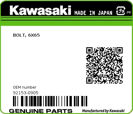 Product image: Kawasaki - 92153-0905 - BOLT, 6X65  0