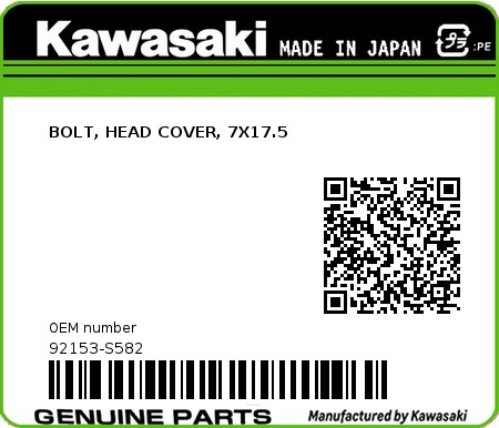 Product image: Kawasaki - 92153-S582 - BOLT, HEAD COVER, 7X17.5  0