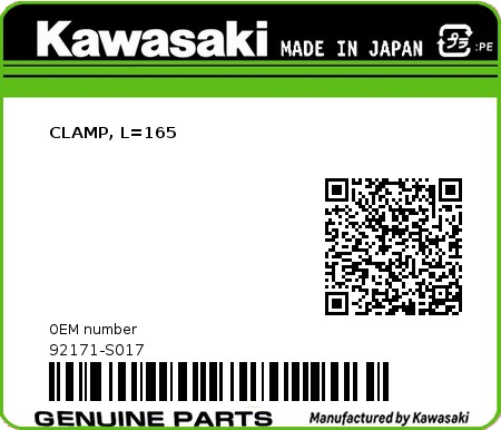 Product image: Kawasaki - 92171-S017 - CLAMP, L=165  0