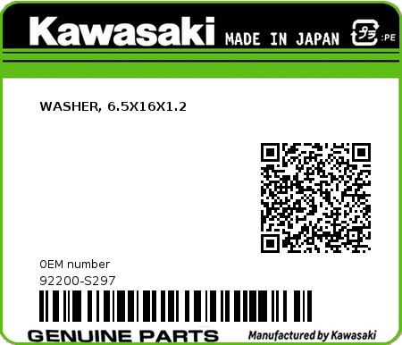 Product image: Kawasaki - 92200-S297 - WASHER, 6.5X16X1.2  0