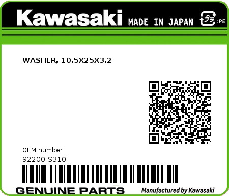 Product image: Kawasaki - 92200-S310 - WASHER, 10.5X25X3.2  0
