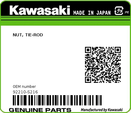 Product image: Kawasaki - 92210-S216 - NUT, TIE-ROD  0