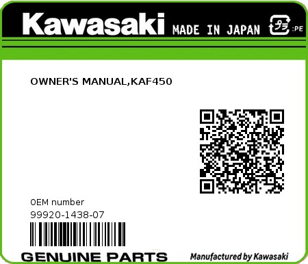 Product image: Kawasaki - 99920-1438-07 - OWNER'S MANUAL,KAF450  0