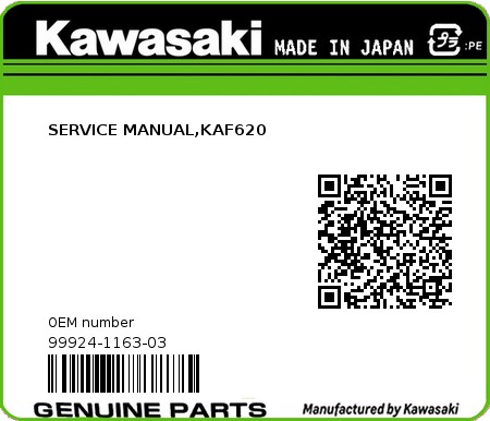 Product image: Kawasaki - 99924-1163-03 - SERVICE MANUAL,KAF620  0