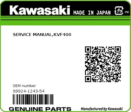 Product image: Kawasaki - 99924-1243-54 - SERVICE MANUAL,KVF400  0