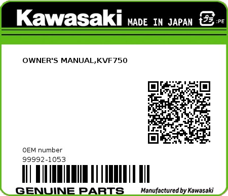 Product image: Kawasaki - 99992-1053 - OWNER'S MANUAL,KVF750  0