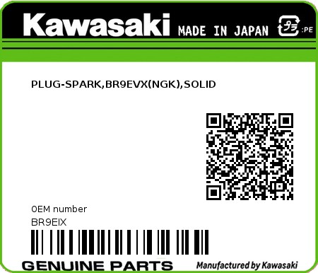 Product image: Kawasaki - BR9EIX - PLUG-SPARK,BR9EVX(NGK),SOLID  0