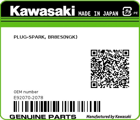 Product image: Kawasaki - E92070-2078 - PLUG-SPARK, BR8ES(NGK)  0