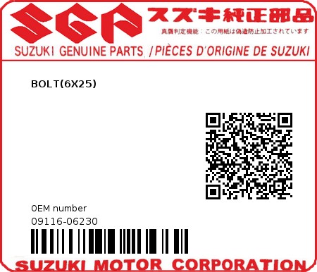 Product image: Suzuki - 09116-06230 - BOLT(6X25)  0