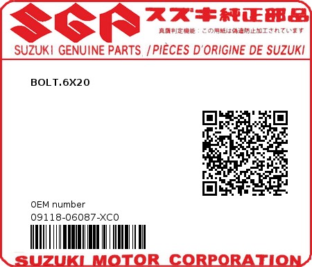 Product image: Suzuki - 09118-06087-XC0 - BOLT.6X20  0