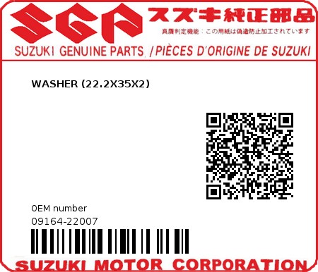 Product image: Suzuki - 09164-22007 - WASHER,22.2X35X  0