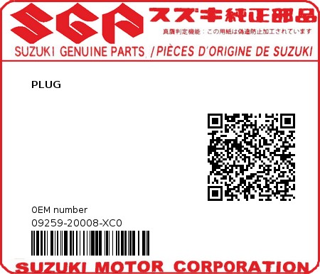 Product image: Suzuki - 09259-20008-XC0 - PLUG  0