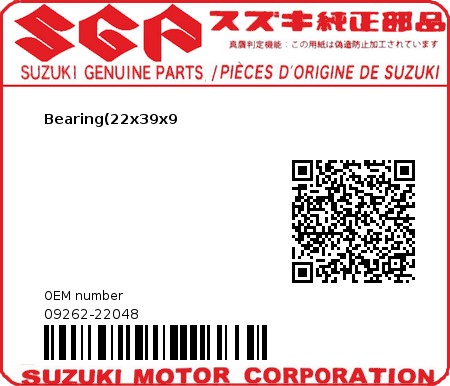 Product image: Suzuki - 09262-22048 - Bearing(22x39x9  0