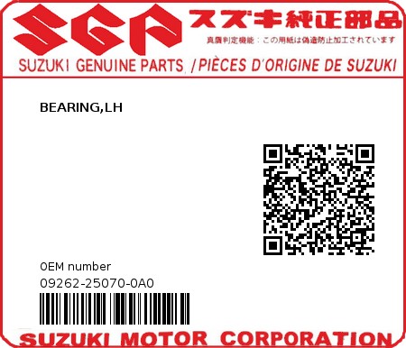 Product image: Suzuki - 09262-25070-0A0 - BEARING,LH  0