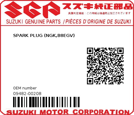 Product image: Suzuki - 09482-00208 - SPARK PLUG (NGK,B8EGV)          0