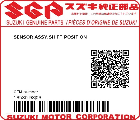 Product image: Suzuki - 13580-98J03 - SENSOR ASSY,SHIFT POSITION  0