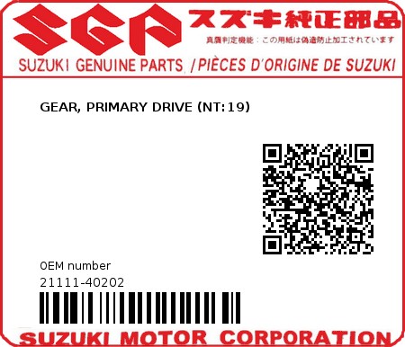 Product image: Suzuki - 21111-40202 - GEAR, PRIMARY DRIVE (NT:19)          0