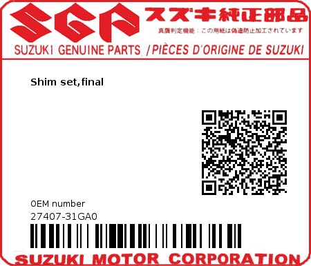 Product image: Suzuki - 27407-31GA0 - Shim set,final  0