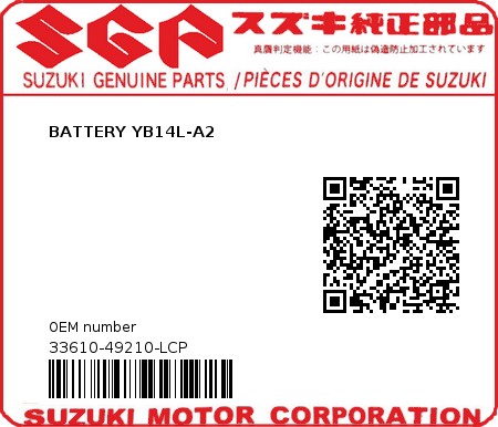 Product image: Suzuki - 33610-49210-LCP - BATTERY YB14L-A2  0