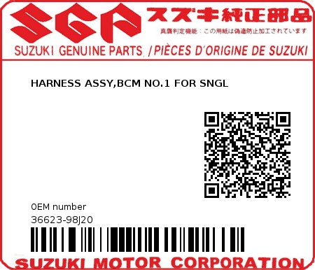 Product image: Suzuki - 36623-98J20 - HARNESS ASSY,BCM NO.1 FOR SNGL  0