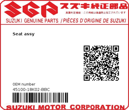 Product image: Suzuki - 45100-18K02-BBC - Seat assy  0