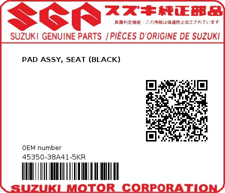 Product image: Suzuki - 45350-38A41-5KR - PAD ASSY, SEAT (BLACK)  0