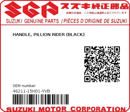 Product image: Suzuki - 46211-15H01-YVB - HANDLE, PILLION RIDER (BLACK)  0