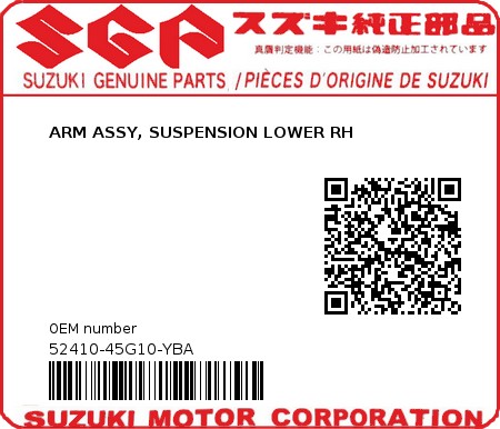Product image: Suzuki - 52410-45G10-YBA - ARM ASSY, SUSPENSION LOWER RH  0