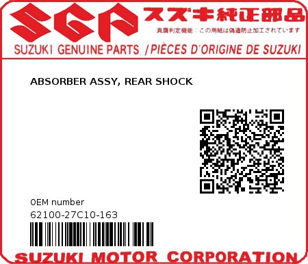Product image: Suzuki - 62100-27C10-163 - ABSORBER ASSY, REAR SHOCK  0