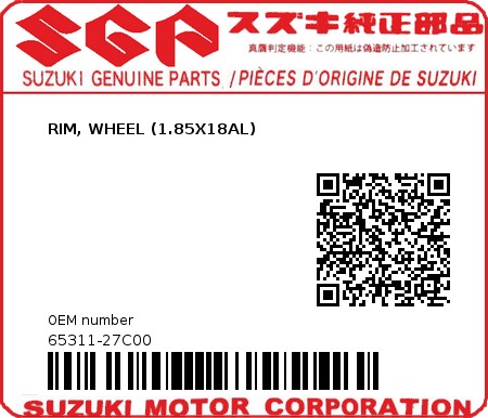 Product image: Suzuki - 65311-27C00 - RIM, WHEEL (1.85X18AL)          0