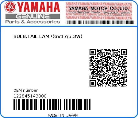 Product image: Yamaha - 122845143000 - BULB,TAIL LAMP(6V17/5.3W)  0