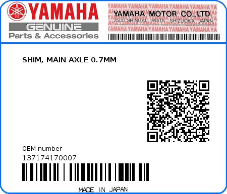 Product image: Yamaha - 137174170007 - SHIM, MAIN AXLE 0.7MM  0