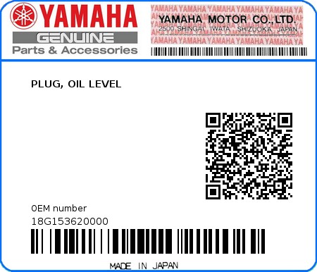 Product image: Yamaha - 18G153620000 - PLUG, OIL LEVEL  0